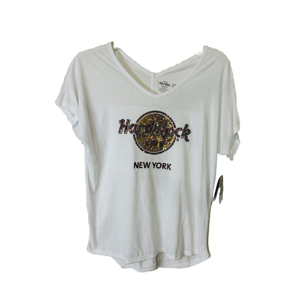 Hard Rock Cafe New York T-Shirt Women's Size XS White Embellished Chest Logo NWT